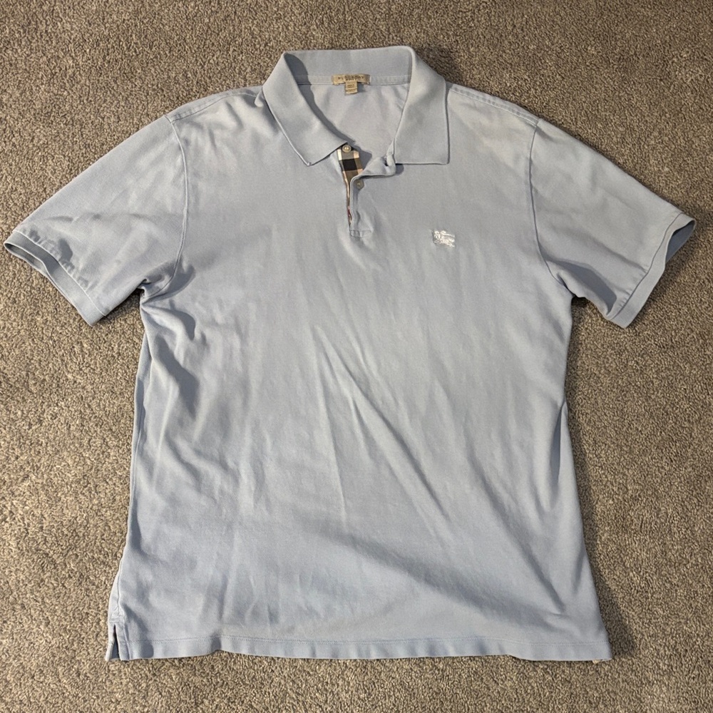 Burberry Light Blue Short Sleeve Polo with Signature Plaid Trim